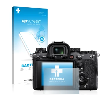 Face avant d’un emballage produit avec le logo de la marque upscreen. À côté, l’appareil Sony Alpha 1 est représenté avec la p
