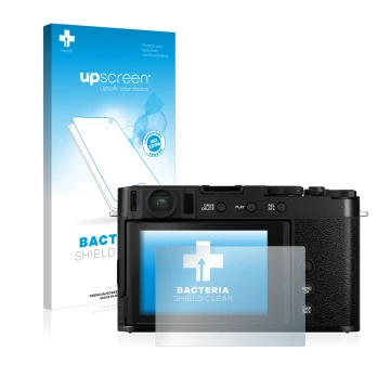 Face avant d’un emballage produit avec le logo de la marque upscreen. À côté, l’appareil Fujifilm X-E4 est représenté avec la 