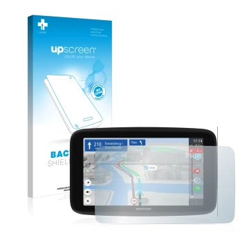 Face avant d’un emballage produit avec le logo de la marque upscreen. À côté, l’appareil TomTom GO Discover 6