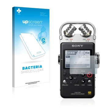 Face avant d’un emballage produit avec le logo de la marque upscreen. À côté, l’appareil Sony PCM D100 est représenté avec la 