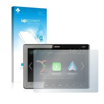 Face avant d’un emballage produit avec le logo de la marque upscreen. À côté, l’appareil Zenec Z-N965 est représenté avec la p