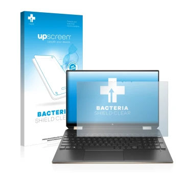 Face avant d’un emballage produit avec le logo de la marque upscreen. À côté, l’appareil HP Spectre x360 (15-eb) (359.9 mm x 2