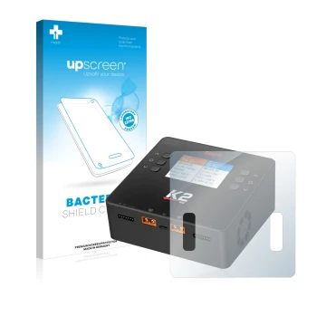 Face avant d’un emballage produit avec le logo de la marque upscreen. À côté, l’appareil ISDT Smart Duo Charger K2 est représe