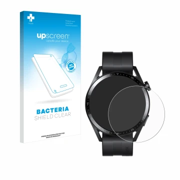 Face avant d’un emballage produit avec le logo de la marque upscreen. À côté, l’appareil Huawei Watch GT 3 (46 mm) est représe