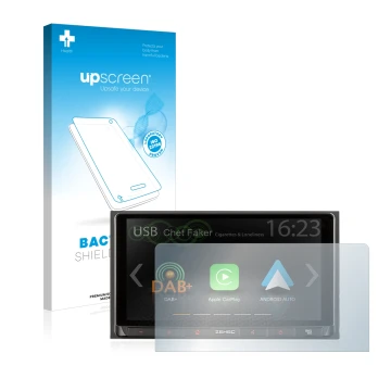 Face avant d’un emballage produit avec le logo de la marque upscreen. À côté, l’appareil Zenec Z-N528 est représenté avec la p