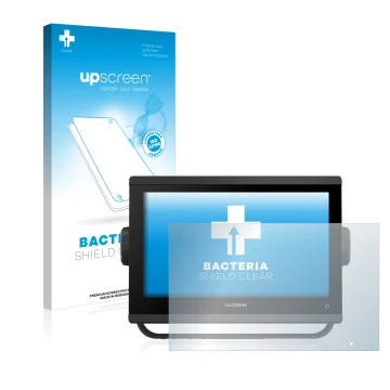 Face avant d’un emballage produit avec le logo de la marque upscreen. À côté, l’appareil Garmin GPSMAP 923 est représenté avec