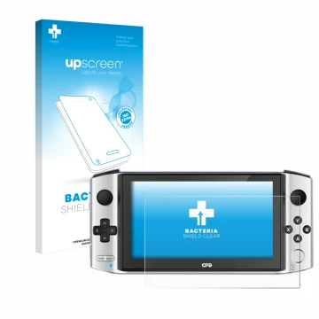 Face avant d’un emballage produit avec le logo de la marque upscreen. À côté, l’appareil GPD Win 3 est représenté avec la prot