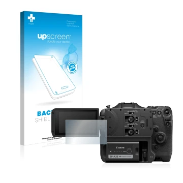 Face avant d’un emballage produit avec le logo de la marque upscreen. À côté, l’appareil Canon EOS C70 est représenté avec la 