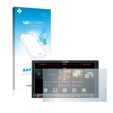 Face avant d’un emballage produit avec le logo de la marque upscreen. À côté, l’appareil Alpine iLX-702D est représenté avec l