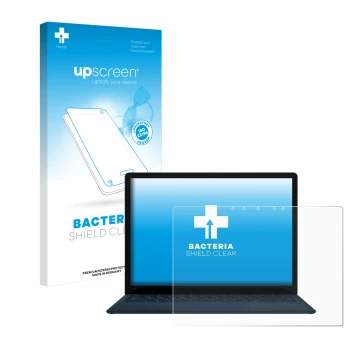 Face avant d’un emballage produit avec le logo de la marque upscreen. À côté, l’appareil Microsoft Surface Laptop 4 13.5