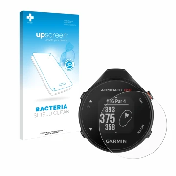 Face avant d’un emballage produit avec le logo de la marque upscreen. À côté, l’appareil Garmin Approach G12 est représenté av