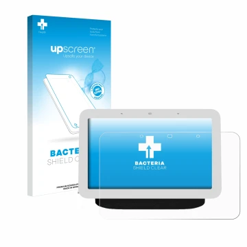 Face avant d’un emballage produit avec le logo de la marque upscreen. À côté, l’appareil Google Nest Hub 2 est représenté avec