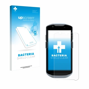 Face avant d’un emballage produit avec le logo de la marque upscreen. À côté, l’appareil Zebra TC52x est représenté avec la pr