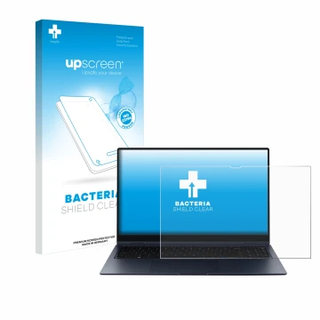 Face avant d’un emballage produit avec le logo de la marque upscreen. À côté, l’appareil Samsung Galaxy Book Pro 360 15