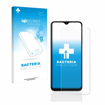 Face avant d’un emballage produit avec le logo de la marque upscreen. À côté, l’appareil Samsung Galaxy A22 5G est représenté 