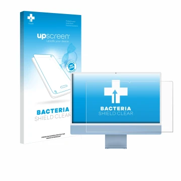 Face avant d’un emballage produit avec le logo de la marque upscreen. À côté, l’appareil Apple iMac 24