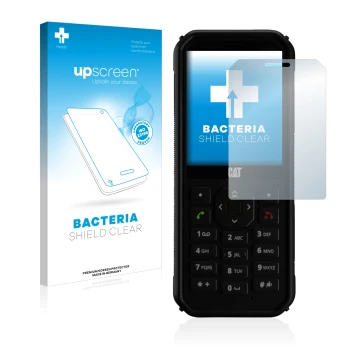 Face avant d’un emballage produit avec le logo de la marque upscreen. À côté, l’appareil Caterpillar Cat B40 est représenté av