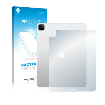 Face avant d’un emballage produit avec le logo de la marque upscreen. À côté, l’appareil Apple iPad 12.9