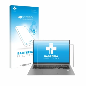 Face avant d’un emballage produit avec le logo de la marque upscreen. À côté, l’appareil LG gram 17'' 2021 est représenté avec