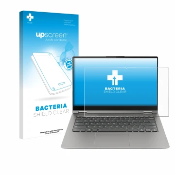 Face avant d’un emballage produit avec le logo de la marque upscreen. À côté, l’appareil Lenovo ThinkBook 14s Yoga est représe