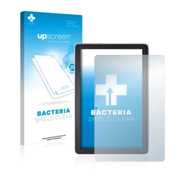 Face avant d’un emballage produit avec le logo de la marque upscreen. À côté, l’appareil Amazon Fire HD 10 Plus 2021 (11ème Ge