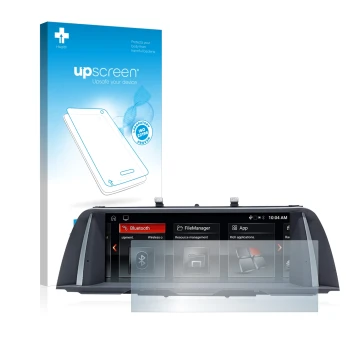 Face avant d’un emballage produit avec le logo de la marque upscreen. À côté, l’appareil BMW 5 F10 2014 Professional 10,2