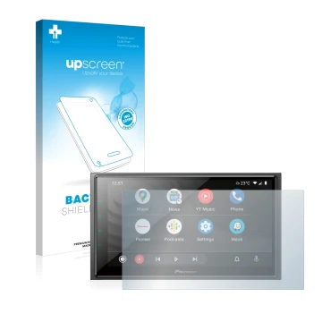 Face avant d’un emballage produit avec le logo de la marque upscreen. À côté, l’appareil Pioneer SPH-EVO64DAB est représenté a