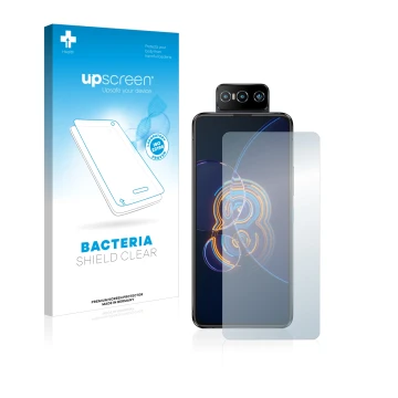 Face avant d’un emballage produit avec le logo de la marque upscreen. À côté, l’appareil ASUS ZenFone 8 Flip est représenté av