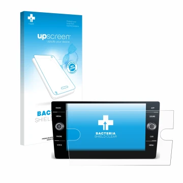 Face avant d’un emballage produit avec le logo de la marque upscreen. À côté, l’appareil Volkswagen T6 2021 Discover Media 8