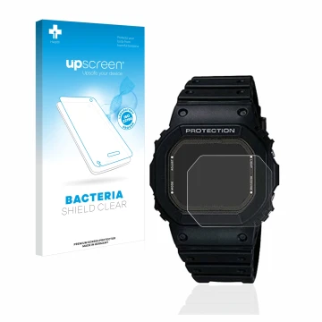 Face avant d’un emballage produit avec le logo de la marque upscreen. À côté, l’appareil Casio G-Shock GW-5000-1JF est représe