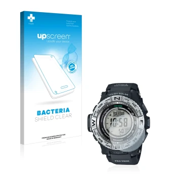 Face avant d’un emballage produit avec le logo de la marque upscreen. À côté, l’appareil Casio Pro Trek PRW-3500-1 est représe