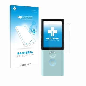 Face avant d’un emballage produit avec le logo de la marque upscreen. À côté, l’appareil Vasco Translator M3 est représenté av