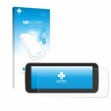 Face avant d’un emballage produit avec le logo de la marque upscreen. À côté, l’appareil Fiat 500 E Uconnect 5 10