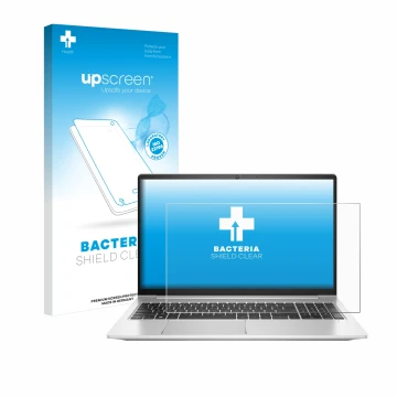 Face avant d’un emballage produit avec le logo de la marque upscreen. À côté, l’appareil HP ProBook 450 G8 est représenté avec