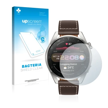 Face avant d’un emballage produit avec le logo de la marque upscreen. À côté, l’appareil Huawei Watch 3 Pro est représenté ave