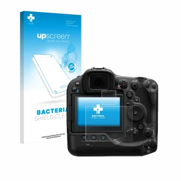 Face avant d’un emballage produit avec le logo de la marque upscreen. À côté, l’appareil Canon EOS R3 est représenté avec la p