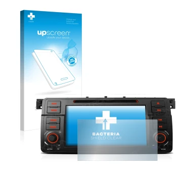 Face avant d’un emballage produit avec le logo de la marque upscreen. À côté, l’appareil Xtrons PQ7046B est représenté avec la