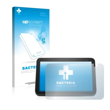 Face avant d’un emballage produit avec le logo de la marque upscreen. À côté, l’appareil Amazon Echo Show 8 2021 (2e Gen.) est