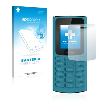 Face avant d’un emballage produit avec le logo de la marque upscreen. À côté, l’appareil Nokia 110 4G 2021 est représenté avec