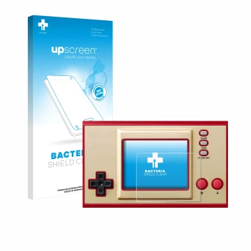 Face avant d’un emballage produit avec le logo de la marque upscreen. À côté, l’appareil Nintendo Game & Watch Super Mario Bro
