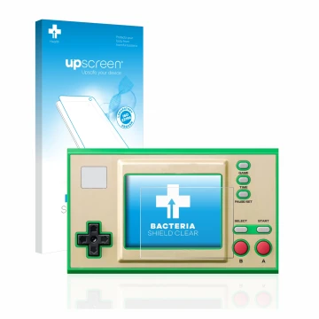 Face avant d’un emballage produit avec le logo de la marque upscreen. À côté, l’appareil Nintendo Game & Watch The Legend of Z
