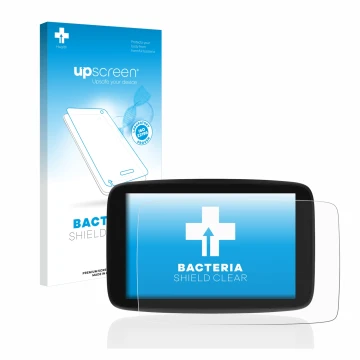 Face avant d’un emballage produit avec le logo de la marque upscreen. À côté, l’appareil TomTom Go Expert 7