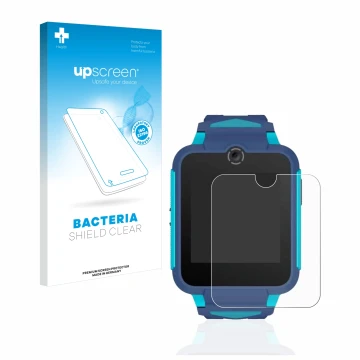 Face avant d’un emballage produit avec le logo de la marque upscreen. À côté, l’appareil TCL Movetime Family Watch 2 est repré