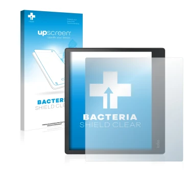 Face avant d’un emballage produit avec le logo de la marque upscreen. À côté, l’appareil Kobo Elipsa est représenté avec la pr