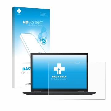 Face avant d’un emballage produit avec le logo de la marque upscreen. À côté, l’appareil Lenovo ThinkPad X13 Yoga Gen 2 est re