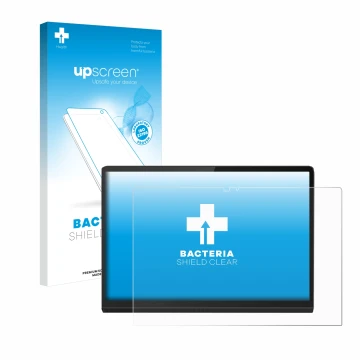 Face avant d’un emballage produit avec le logo de la marque upscreen. À côté, l’appareil Lenovo Yoga Tab 13 est représenté ave