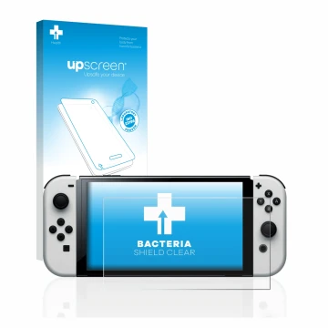 Face avant d’un emballage produit avec le logo de la marque upscreen. À côté, l’appareil Nintendo Switch OLED-Modell est repré