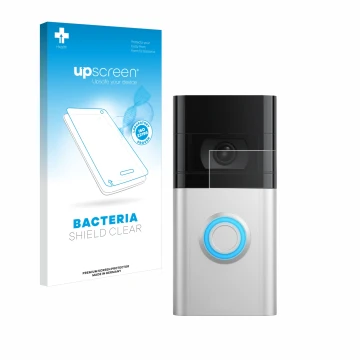 Face avant d’un emballage produit avec le logo de la marque upscreen. À côté, l’appareil Ring Video Doorbell 4 est représenté 