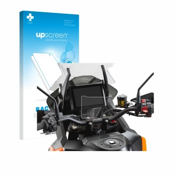 Face avant d’un emballage produit avec le logo de la marque upscreen. À côté, l’appareil KTM 1290 Super Adventure S 2021 TFT 7