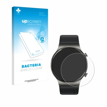 Face avant d’un emballage produit avec le logo de la marque upscreen. À côté, l’appareil Huawei Watch GT 2 Pro ECG est représe